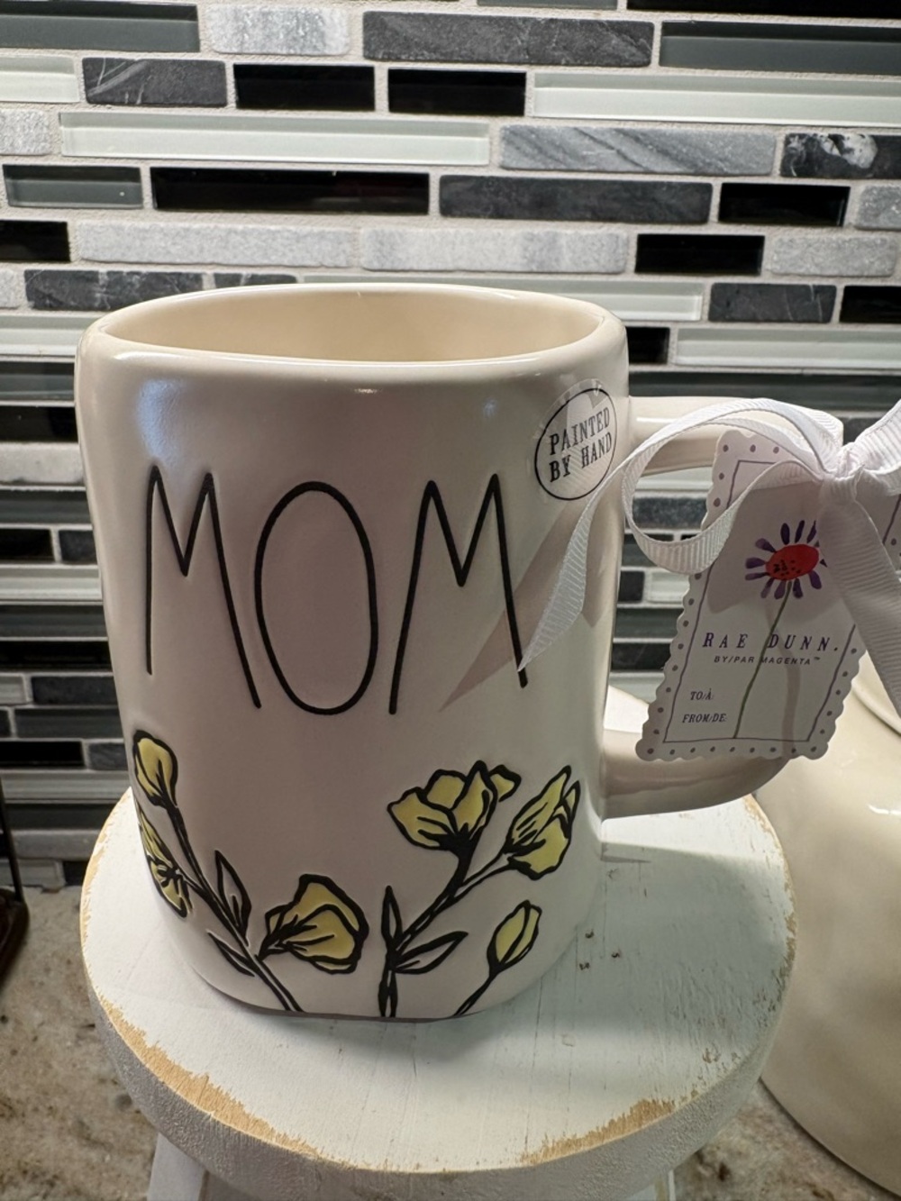 Rae Dunn MOM Ceramic Mug in Cream with Yellow Floral Accents